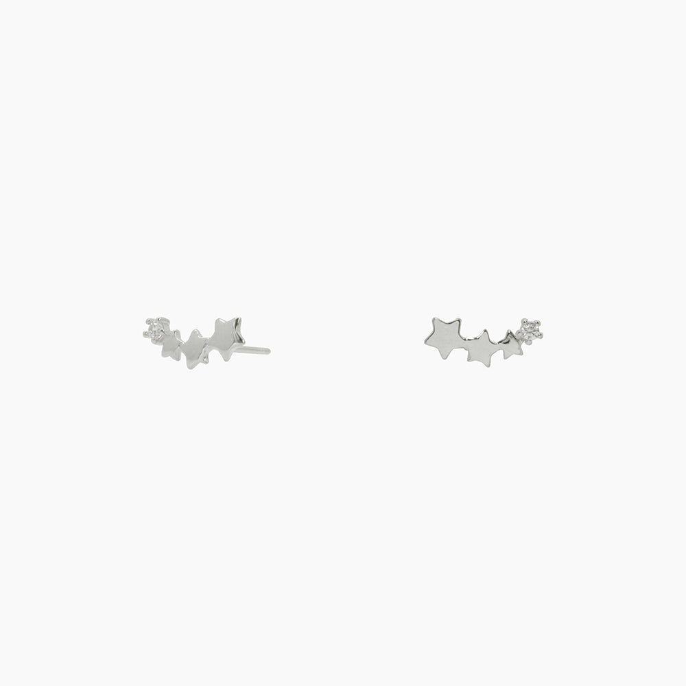 The earrings feature four shooting stars, with three in plain Sterling Silver and one crystal embellished star, creating a striking contrast that catches the eye. The versatile design allows you to wear them as a drop earring for a glamorous evening look or as an upward crawler for everyday wear, making them two styles in one!